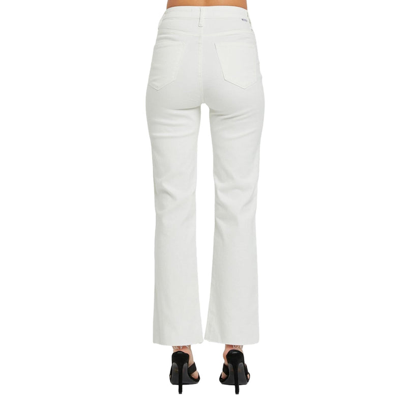 Load image into Gallery viewer, Back view of high-rise white straight-leg jeans with pockets and a raw hem, showcasing the fit and detailing.
