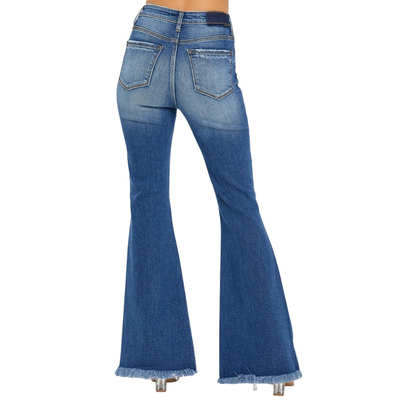 Load image into Gallery viewer, Back view of plus-size high-rise flare jeans featuring traditional pockets and a raw, frayed hem. The flared silhouette creates a flattering shape with a retro twist.
