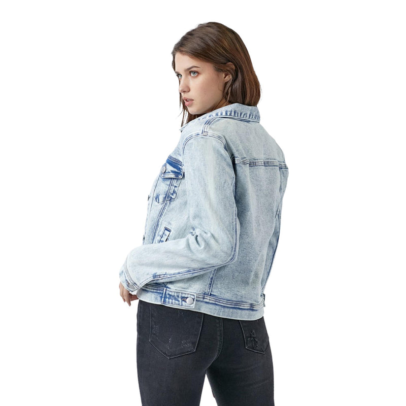 Load image into Gallery viewer, Back view of a woman wearing a classic washed denim jacket, showing off the jacket’s comfortable and relaxed fit.
