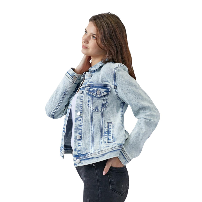 Load image into Gallery viewer, Side view of a woman in a laid-back denim jacket, paired with distressed jeans for an effortlessly cool look.
