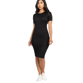 Classic black ribbed bodycon midi dress with short sleeves and a round neckline, paired with white sneakers, offering a casual yet chic look.