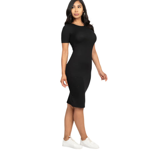 Side view of a sleek black ribbed bodycon midi dress that highlights a figure-hugging silhouette, perfect for versatile styling.