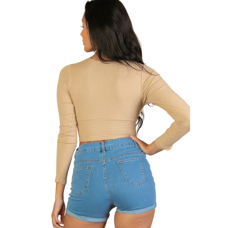 Load image into Gallery viewer, Rear view of a woman wearing a tan ribbed long sleeve top, highlighting the snug fit and ribbed texture.
