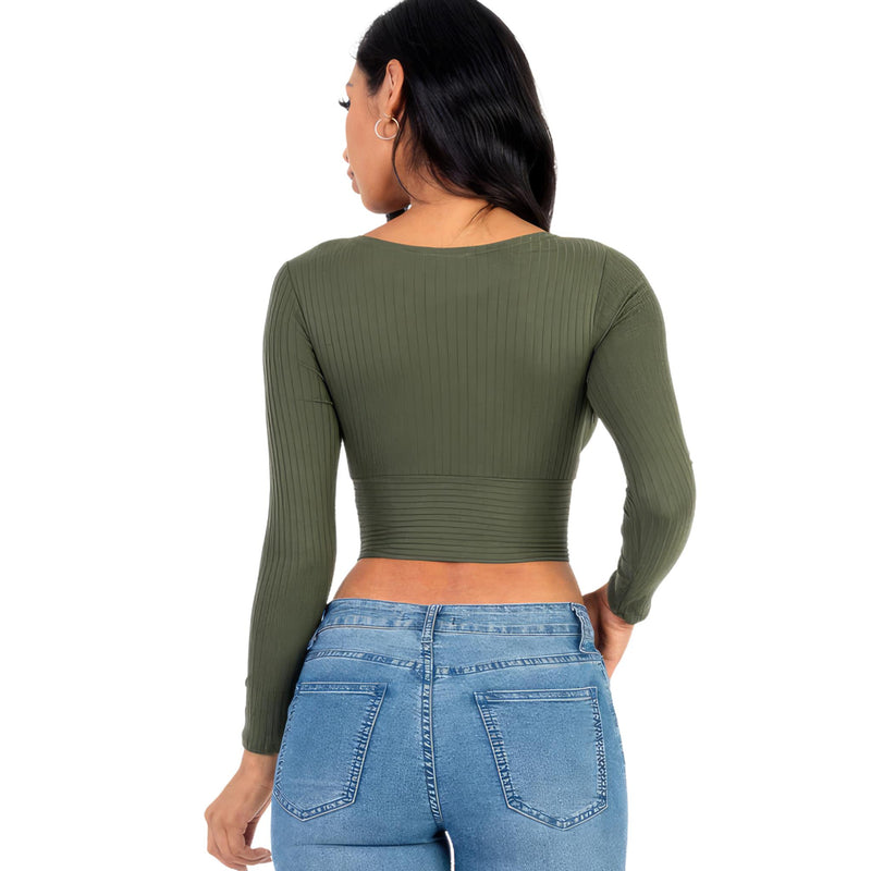 Load image into Gallery viewer, Rear perspective of a woman showcasing a green ribbed wrap front top, displaying the figure-hugging design and continuous ribbed pattern.
