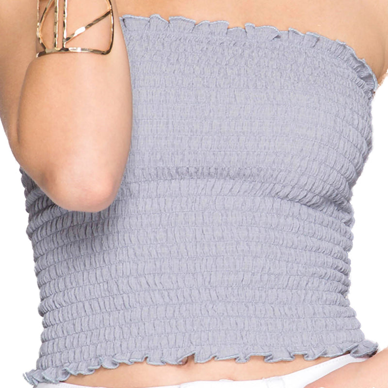 Load image into Gallery viewer, Close-up of the smocked detail on a grey bandeau tube top, emphasizing the stretchable fabric and ruffled edge.
