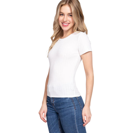 Elegant off white rib knit top on display, with short sleeves and a crew neckline, offering a clean and chic addition to any modern wardrobe.
