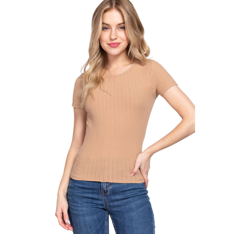 Load image into Gallery viewer, A woman wears a beige short-sleeve rib knit top with a fitted silhouette, pairing it with classic blue denim jeans. The top features a crew neckline and a subtle texture, making it a versatile piece for casual wear.
