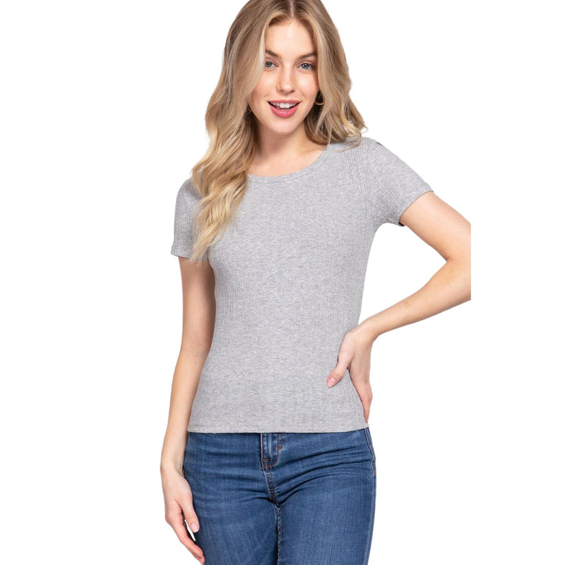 Load image into Gallery viewer, Stylish woman modeling a heather grey rib knit top featuring short sleeves and a comfortable crew neck, perfectly teamed with denim for a smart-casual vibe.
