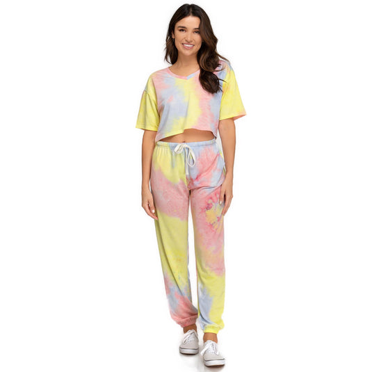Full outfit featuring a woman in a yellow/pink tie-dye Short Sleeve V Neck Terry Crop Top with matching tie-dye drawstring pants, offering a cohesive, casual summer look. Available in sizes S, M, L.