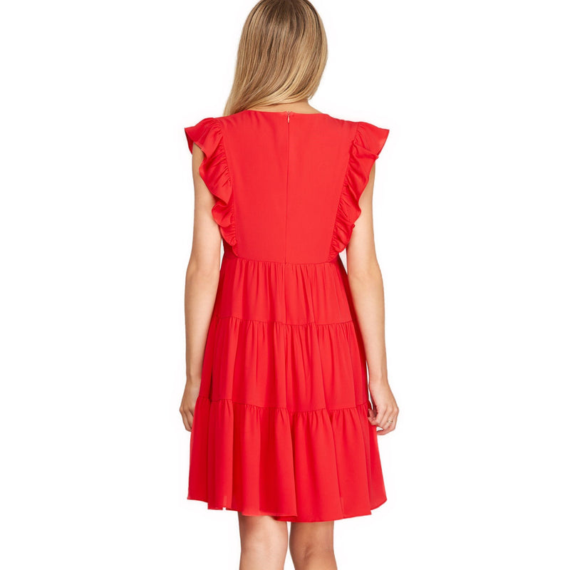 Load image into Gallery viewer, Back view of a chic sleeveless, red dress with tiered ruffles, adding a pop of color to your summer fashion collection.

