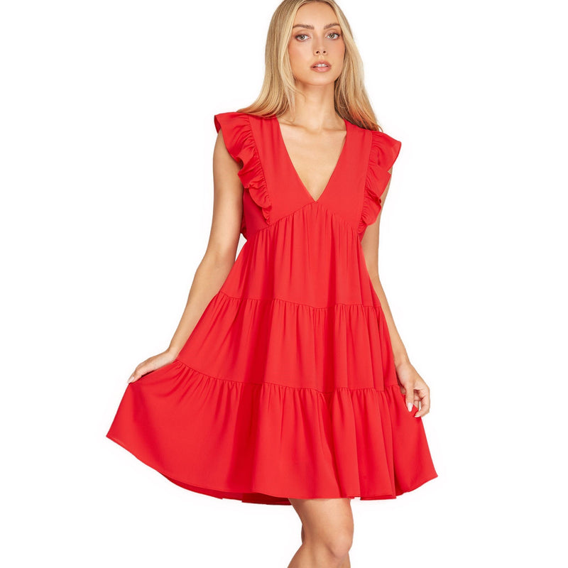 Load image into Gallery viewer, Front view showing a sleeveless, crimson red dress with a graceful V-neck and ruffles, ideal for summer events.
