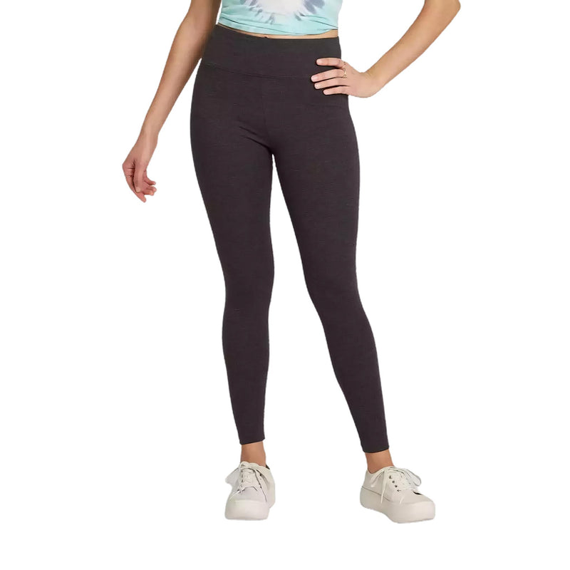 Load image into Gallery viewer,  Front view of a woman wearing classic high-waisted charcoal gray leggings, paired with a soft-hued tie-dye cropped t-shirt and white lace-up sneakers.
