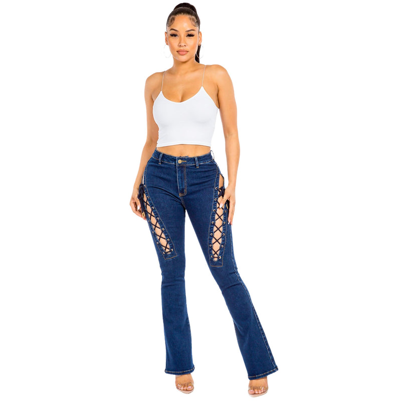 Load image into Gallery viewer, Women&#39;s American Bazi High Rise Lace Up Denim Jeans
