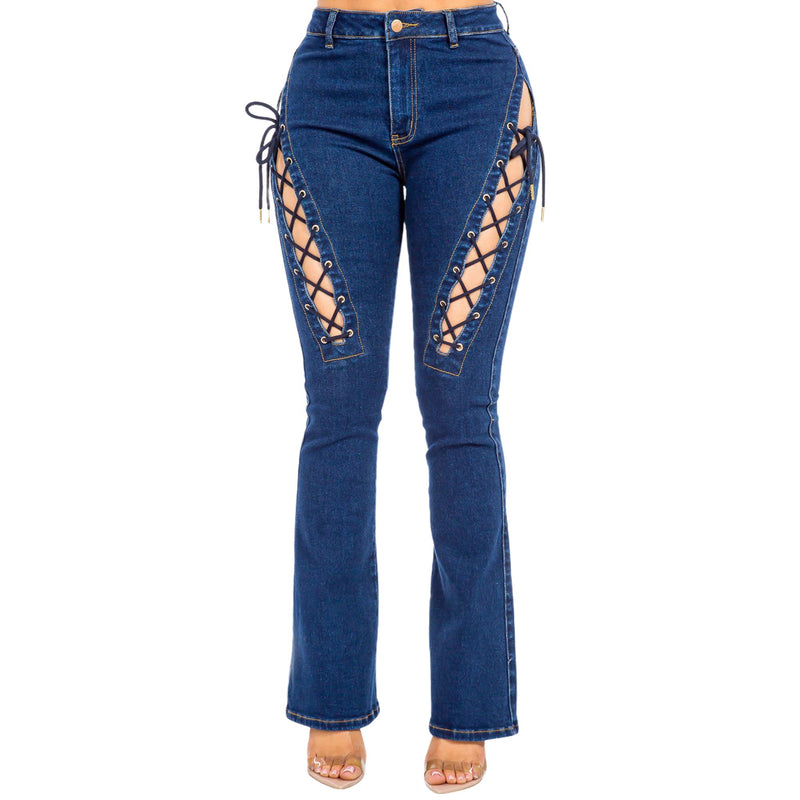 Load image into Gallery viewer, Women&#39;s American Bazi High Rise Lace Up Denim Jeans
