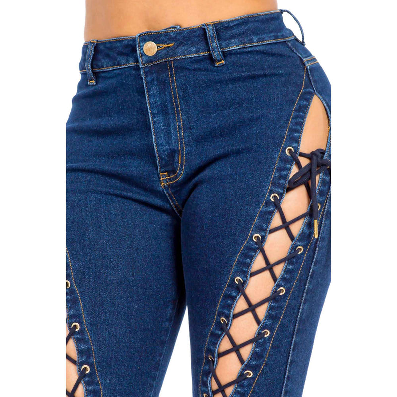 Load image into Gallery viewer, Women&#39;s American Bazi High Rise Lace Up Denim Jeans
