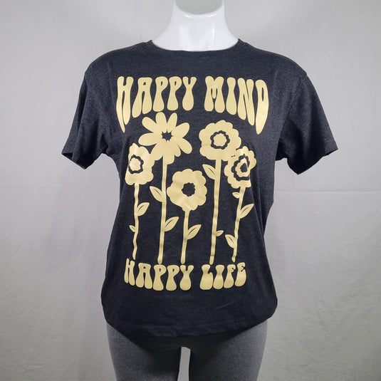 Women's Happy Mind Short Sleeve Graphic T-Shirt - Charcoal Gray Shop Now at Rainy Day Deliveries