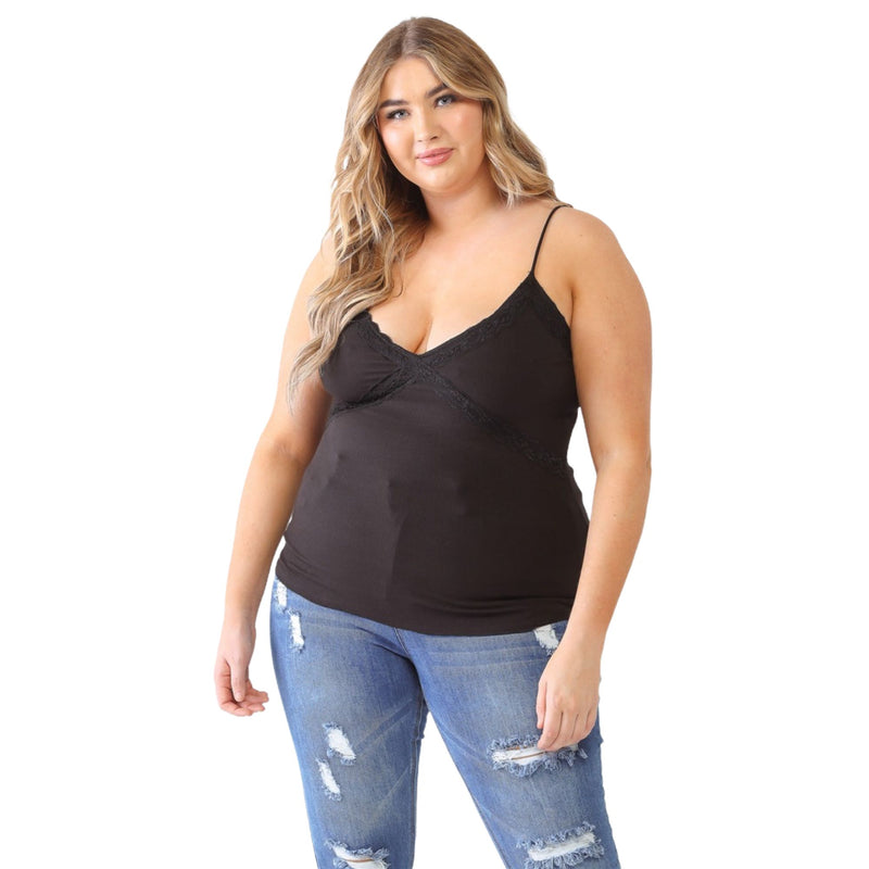 Load image into Gallery viewer, Plus-size model wearing a black lace V-neck cami, standing with a relaxed expression, showcasing the front lace detail and a casual, stylish look.
