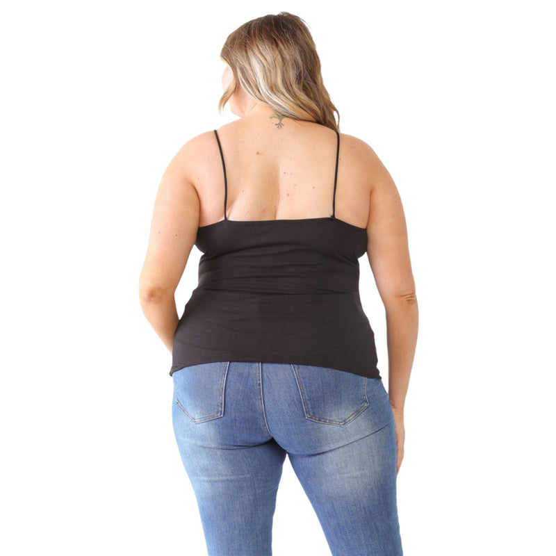 Load image into Gallery viewer, Back view of a plus-size model wearing a black lace V-neck cami, showing the adjustable spaghetti straps and the smooth, fitted back design.
