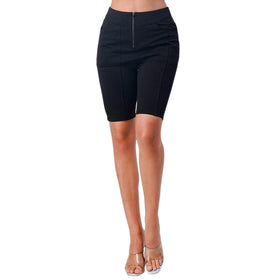 A front view of a model wearing chic black biker shorts with a distinctive front zipper, paired with minimalist beige sandals. The image showcases the shorts' snug fit and mid-thigh length, ideal for a sporty yet fashionable look.