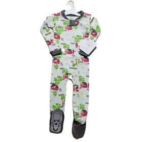 Boys' snug fit pajama with farm-themed print, showcasing the full length with footies and a snap tab zipper cover, hanging against a clean backdrop.