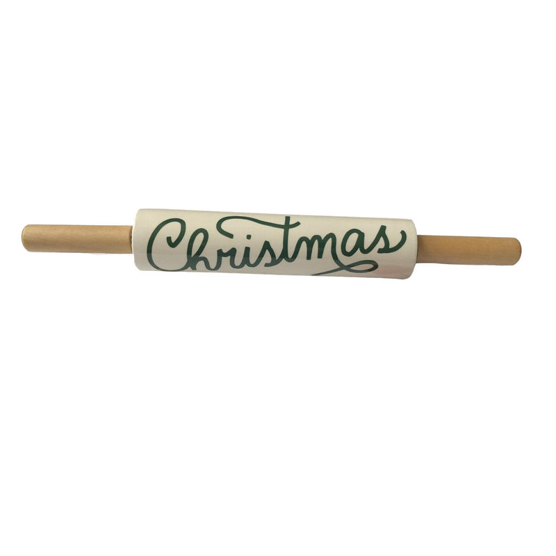 Load image into Gallery viewer, A stoneware rolling pin featuring &#39;Christmas&#39; in elegant green script, complete with smooth wooden handles, perfect for seasonal kitchen decor.
