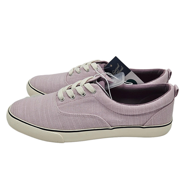 Load image into Gallery viewer, Side angle of women&#39;s light lavender vulcanized canvas sneakers, highlighting the sleek design and comfortable material.
