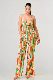 Luxe Geo Print Satin Bra Top and Palazzo Jumpsuit in Orange Multi Shop Now at Rainy Day Deliveries