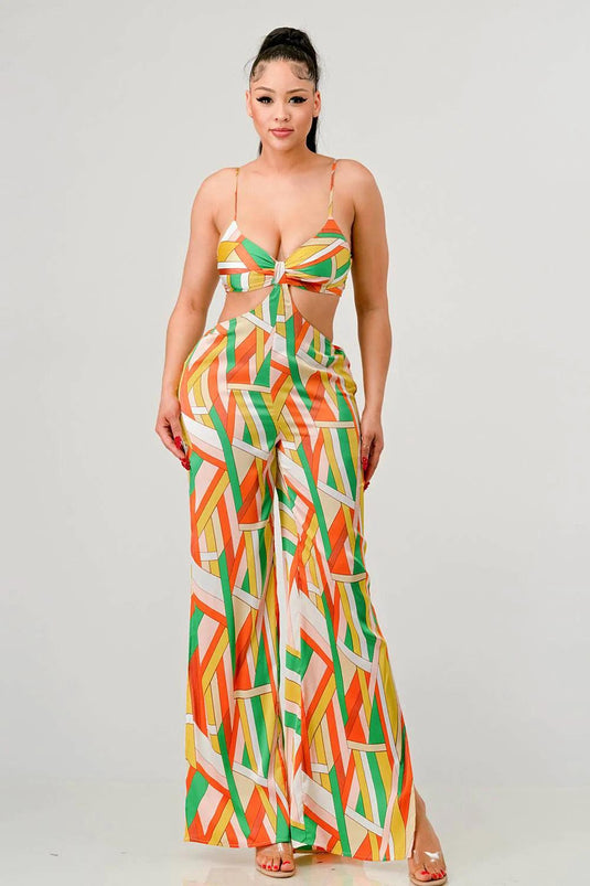 Luxe Geo Print Satin Bra Top and Palazzo Jumpsuit in Orange Multi Shop Now at Rainy Day Deliveries