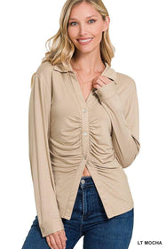 Ultra-Comfy Stretchy Ruched Button-Down Shirt Shop Now at Rainy Day Deliveries